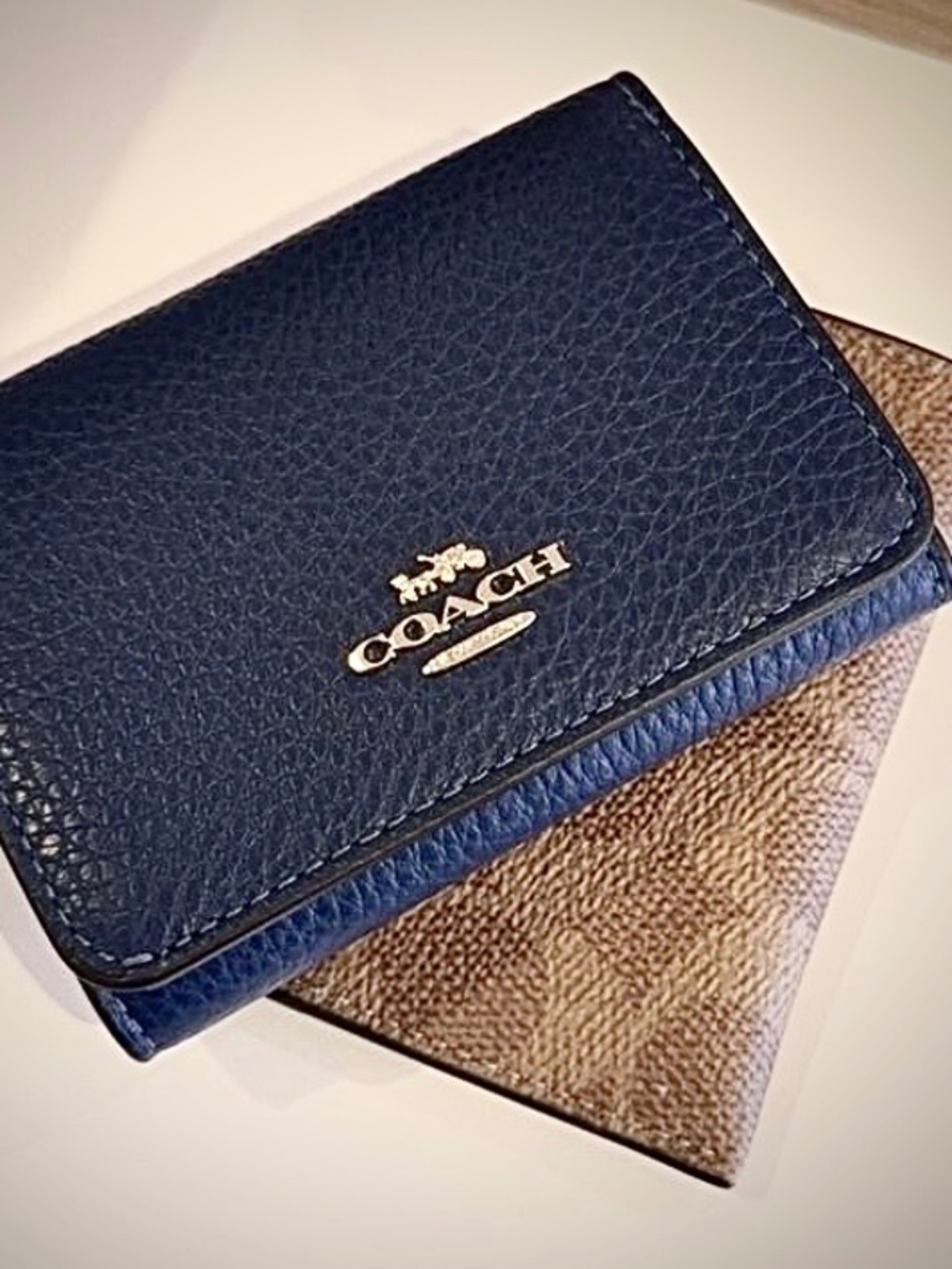 New Coach Two-in-One detachable Card Wallet Signature Canvas Blue Pebble Leather